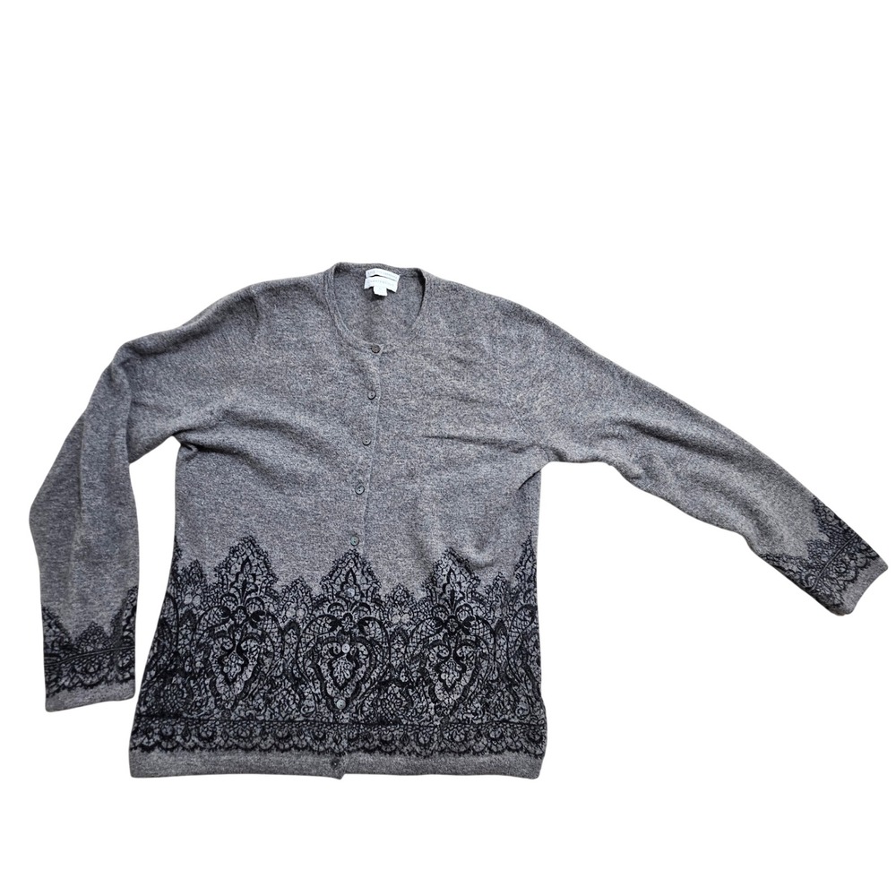 Charter Club Cardigan M Grey Lace Print Cashmere Button Front Sweater